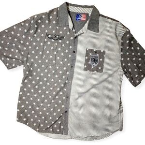 Old Skool Men’s Button-Up Shirt 3X Gray Stars & Stripes Patchwork